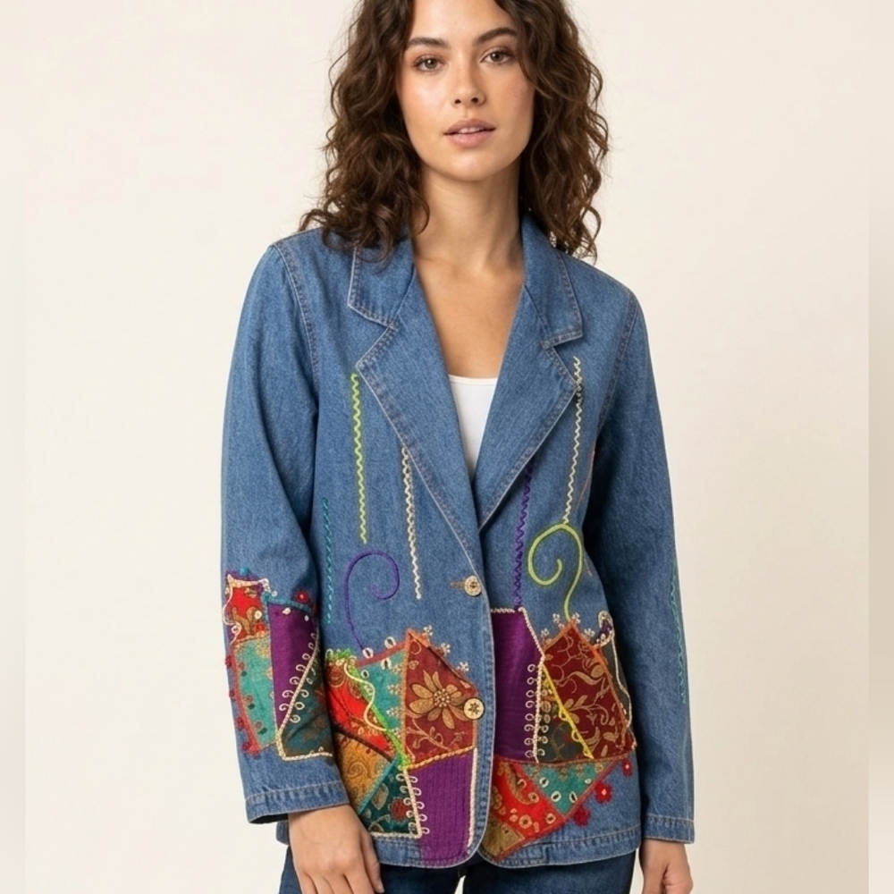 Indigo Moon Vintage Embroidered Denim Jacket Sz Medium‎
